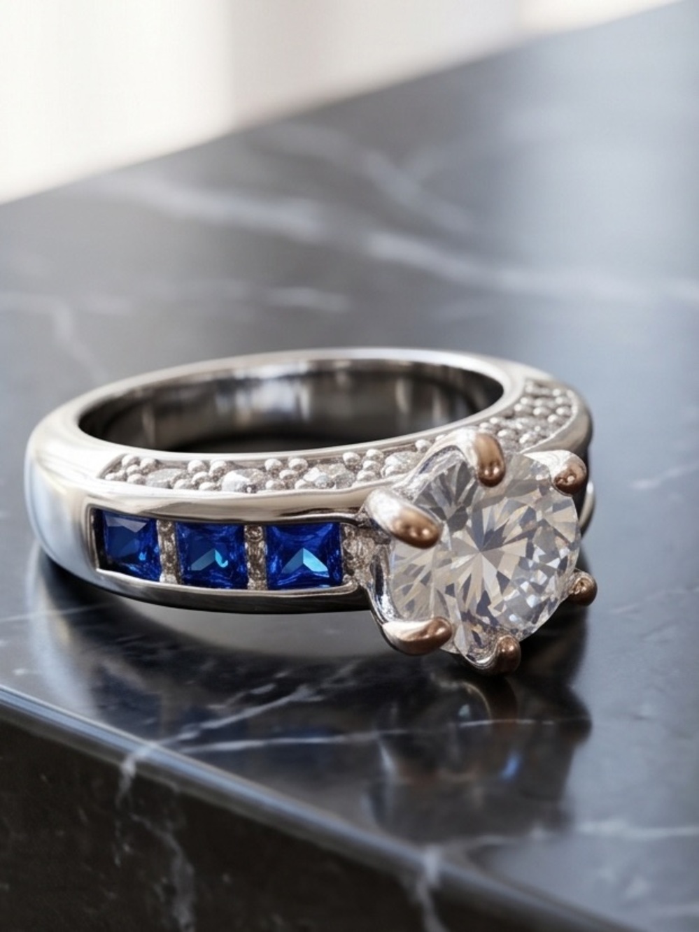 Round Cut Solitaire Ring with Blue Accents Genuine Stones Size 5-1/2